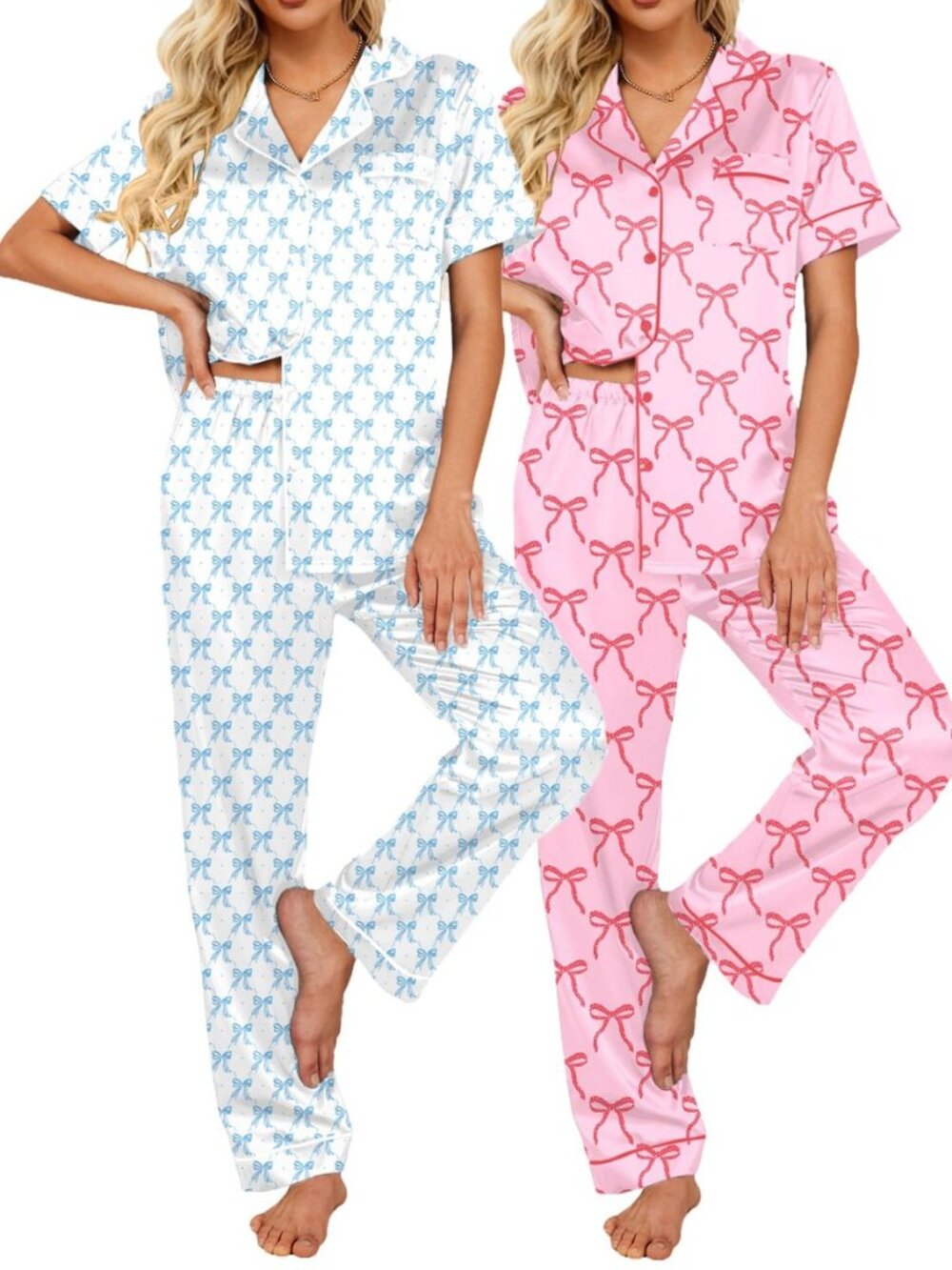 Satin Pajamas Set Women Short Sleeve Sleepwear Soft Button Down Loungewear Pjs